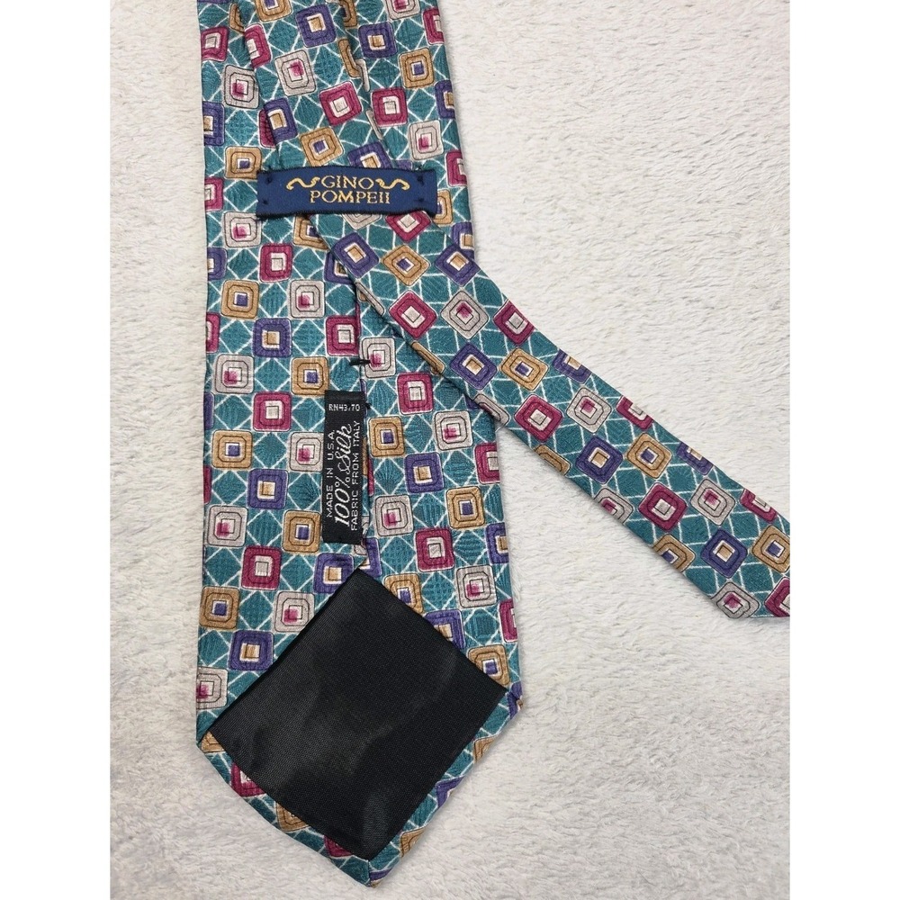 Vintage Style Gino Pompeii Silk Tie Teal Geometric Abstract Retro 90s Y2K Wide